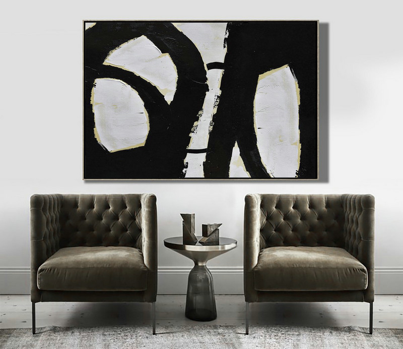 Large Canvas Wall Art For Sale,Horizontal Palette Knife Minimal Canvas Art Painting Black White Beige - Hand Made Original Art